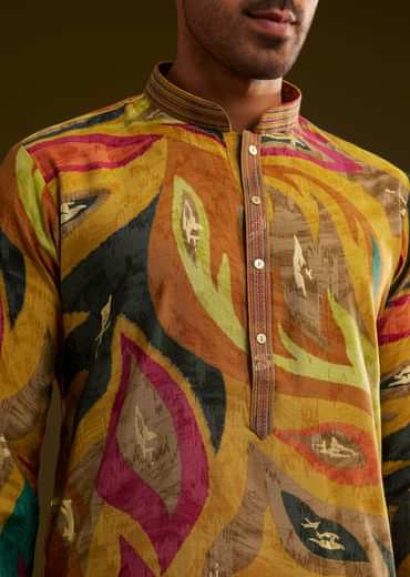 Mustard Multi Color Silk Abstract Printed Kurta Set
