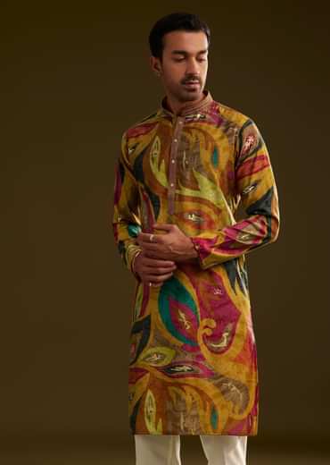 Mustard Multi Color Silk Abstract Printed Kurta Set