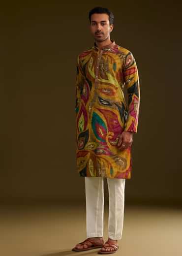 Mustard Multi Color Silk Abstract Printed Kurta Set