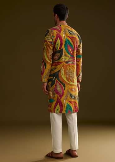Mustard Multi Color Silk Abstract Printed Kurta Set