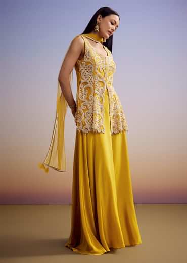 Mustard Net Palazzo Suit With Moti And Cut Dana Work
