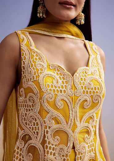Mustard Net Palazzo Suit With Moti And Cut Dana Work