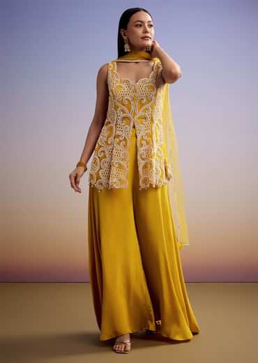 Mustard Net Palazzo Suit With Moti And Cut Dana Work