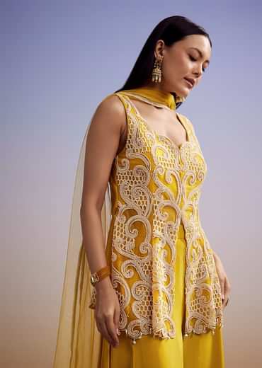 Mustard Net Palazzo Suit With Moti And Cut Dana Work