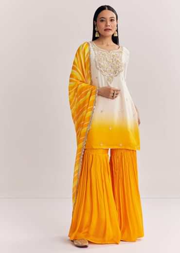 Mustard Ombre Leheriya Kurta Sharara Suit With Cutdana And Sequins Work