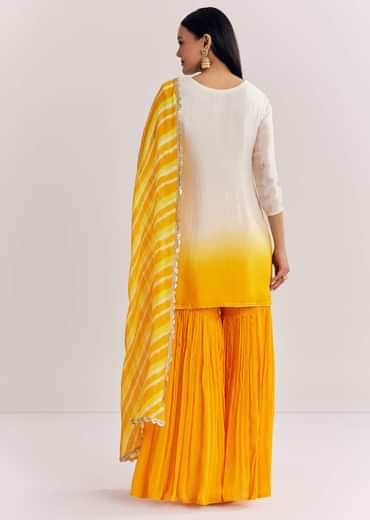 Mustard Ombre Leheriya Kurta Sharara Suit With Cutdana And Sequins Work