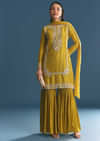 Mustard Silk Kurta Sharara Suit With Sequins And Cutdana Work
