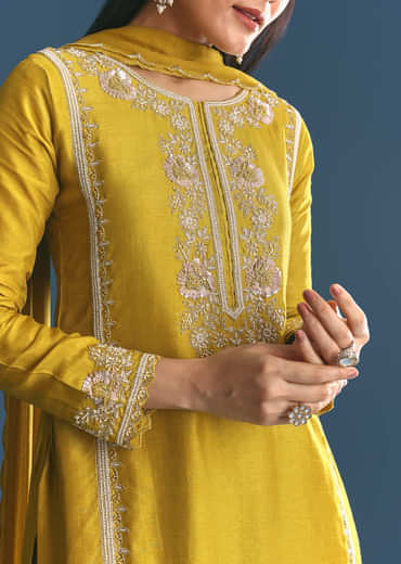 Mustard Silk Kurta Sharara Suit With Sequins And Cutdana Work