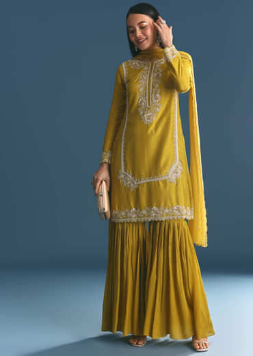 Mustard Silk Kurta Sharara Suit With Sequins And Cutdana Work