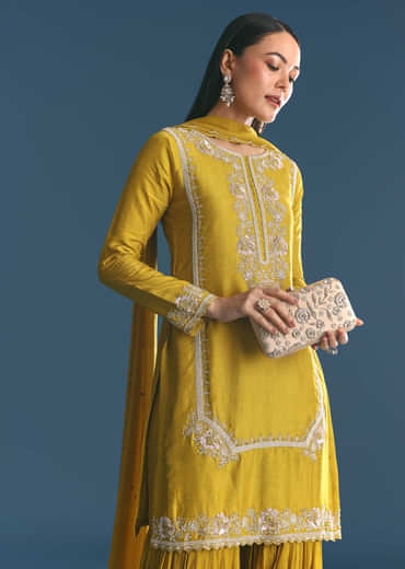 Mustard Silk Kurta Sharara Suit With Sequins And Cutdana Work