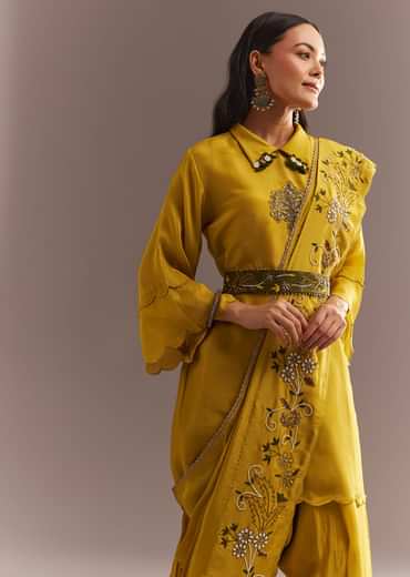 Mustard Tissue Embroidered Kurta Dhoti With Pre Draped Dupatta And Belt