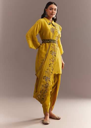 Mustard Tissue Embroidered Kurta Dhoti With Pre Draped Dupatta And Belt