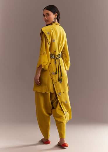 Mustard Tissue Embroidered Kurta Dhoti With Pre Draped Dupatta And Belt