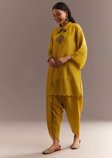 Mustard Tissue Embroidered Kurta Dhoti With Pre Draped Dupatta And Belt