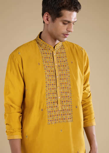 Mustard Yellow Bead Embellished Mens Kurta and Pant Set
