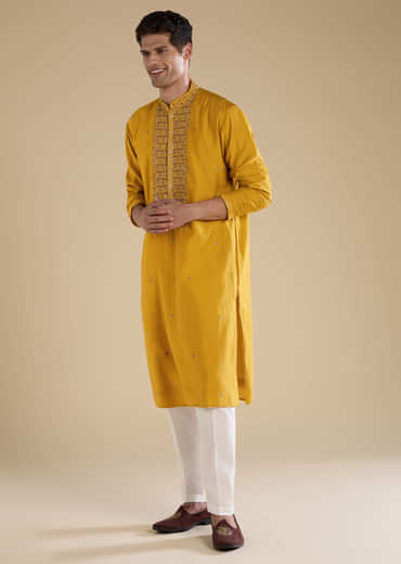 Mustard Yellow Bead Embellished Mens Kurta and Pant Set