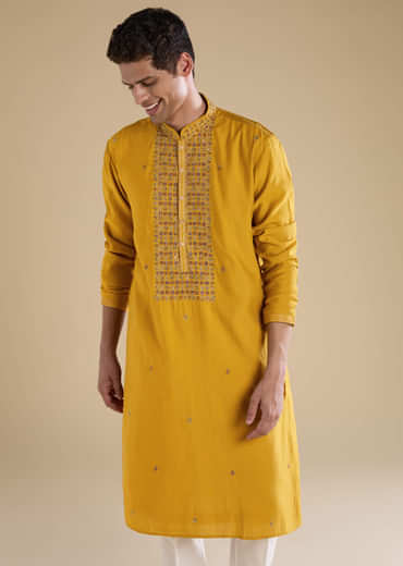 Mustard Yellow Bead Embellished Mens Kurta and Pant Set