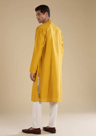 Mustard Yellow Bead Embellished Mens Kurta and Pant Set