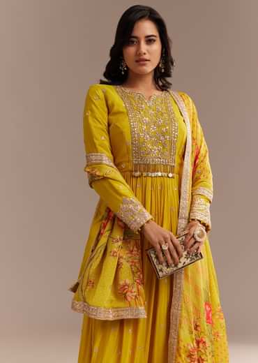 Mustard Yellow Chiffon Zardosi Anarkali Set