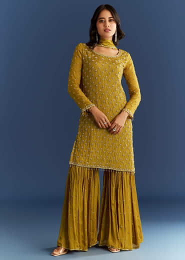 Mustard Yellow Chinon Kurta With Sharara And Dupatta
