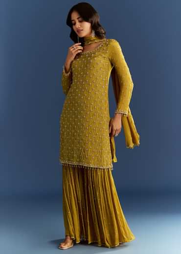 Mustard Yellow Chinon Kurta With Sharara And Dupatta