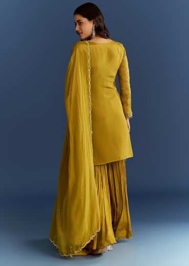 Mustard Yellow Chinon Kurta With Sharara And Dupatta