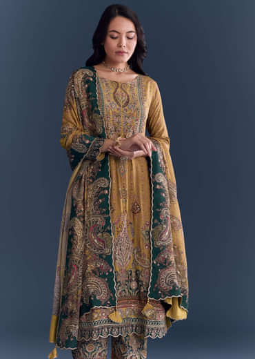 Mustard Yellow Crepe Kurta Set With Paisley And Floral Print