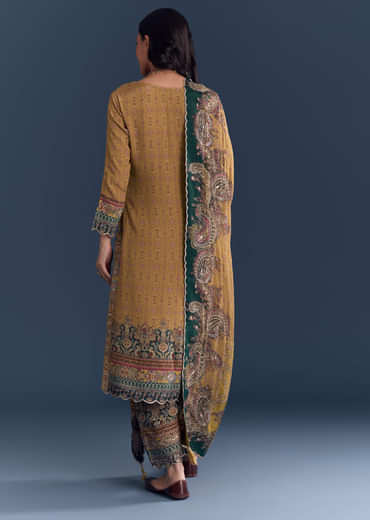 Mustard Yellow Crepe Kurta Set With Paisley And Floral Print
