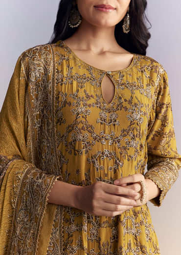Mustard Yellow Crepe Patiala Suit With Indie Print And Zari Work