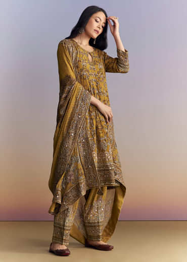 Mustard Yellow Crepe Patiala Suit With Indie Print And Zari Work