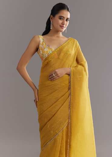 Mustard Yellow Crushed Tissue Saree With Moti Cutdana Embellished Border