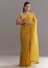 Mustard Yellow Crushed Tissue Saree With Moti Cutdana Embellished Border