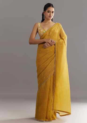 Mustard Yellow Crushed Tissue Saree With Moti Cutdana Embellished Border