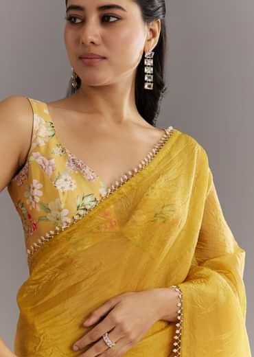 Mustard Yellow Crushed Tissue Saree With Moti Cutdana Embellished Border