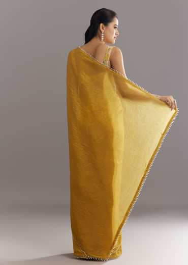 Mustard Yellow Crushed Tissue Saree With Moti Cutdana Embellished Border