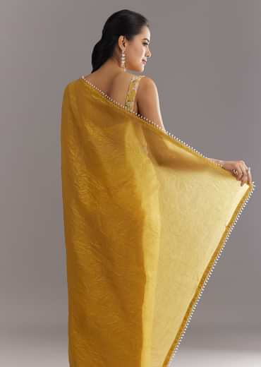 Mustard Yellow Crushed Tissue Saree With Moti Cutdana Embellished Border