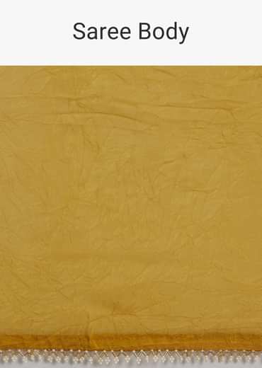Mustard Yellow Crushed Tissue Saree With Moti Cutdana Embellished Border