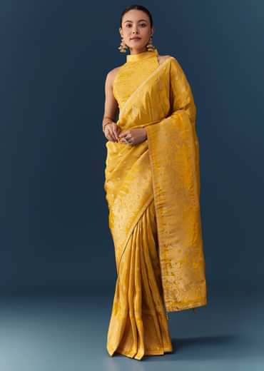 Mustard Yellow Dola Silk Saree with Blouse Fabric