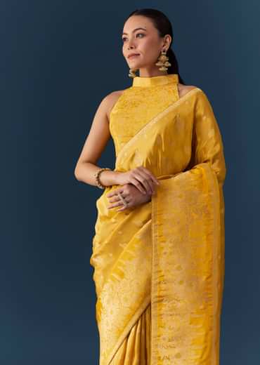 Mustard Yellow Dola Silk Saree with Blouse Fabric