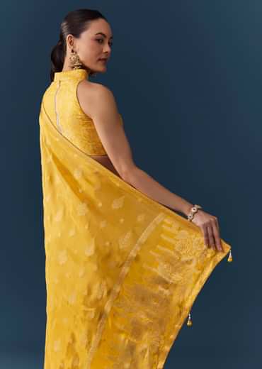 Mustard Yellow Dola Silk Saree with Blouse Fabric
