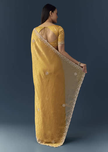 Mustard Yellow Jacquard Printed Tissue Saree with Unstitched Blouse
