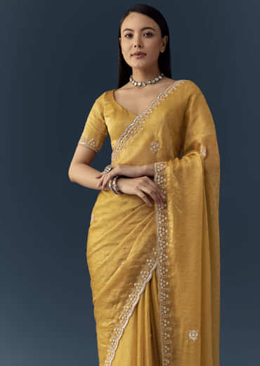 Mustard Yellow Jacquard Printed Tissue Saree with Unstitched Blouse