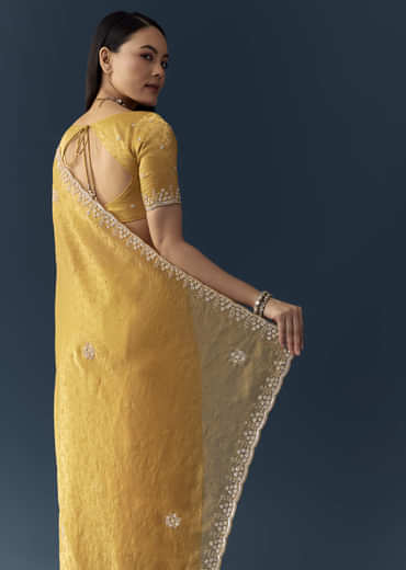 Mustard Yellow Jacquard Printed Tissue Saree with Unstitched Blouse