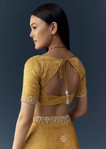 Mustard Yellow Jacquard Printed Tissue Saree with Unstitched Blouse