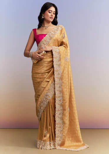 Mustard Yellow Jacquard Tissue Saree With Heavy Hand Embroidery
