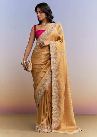 Mustard Yellow Jacquard Tissue Saree With Heavy Hand Embroidery