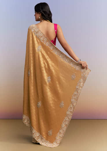 Mustard Yellow Jacquard Tissue Saree With Heavy Hand Embroidery