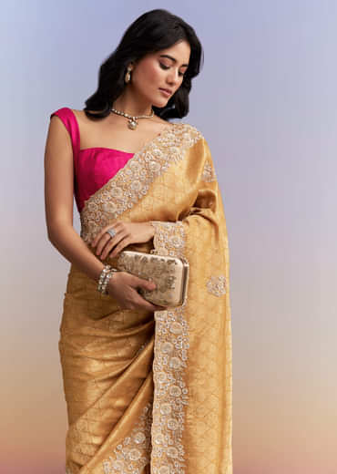 Mustard Yellow Jacquard Tissue Saree With Heavy Hand Embroidery