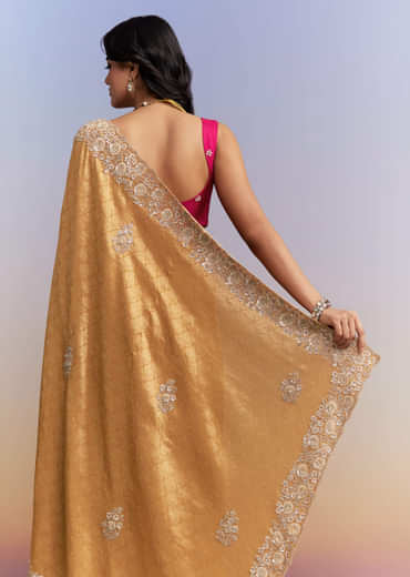 Mustard Yellow Jacquard Tissue Saree With Heavy Hand Embroidery