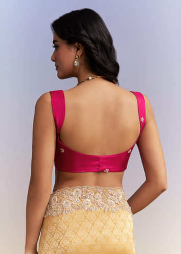 Mustard Yellow Jacquard Tissue Saree With Heavy Hand Embroidery